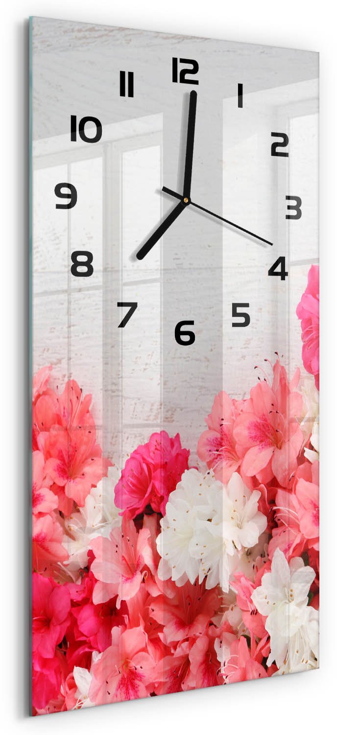 Tulup Wandklok - Bloemen Klok Glas Met Opdruk - 30x60 cm - Roze Moderne Wandklok Glas - Zwarte handen - Rechthoekige Klok - Decoratieve Glazen Klok - Glazen Wandklok Design