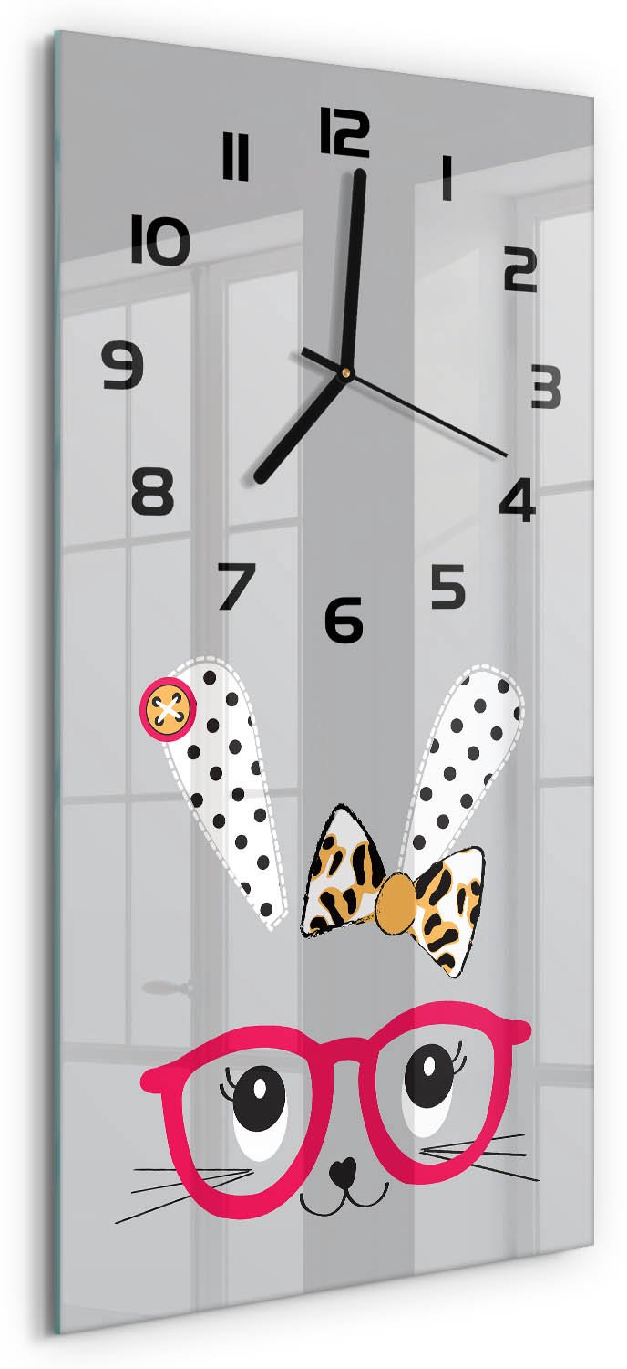 Tulup Wandklok - Konijn met bril Gekleurde Glazen Klok - 30x60 cm - Roze Glazen Klok Met Print - Zwarte handen - Rechthoekige Klok - Moderne Wandklok Glas - Wandklok Glas Decoratie