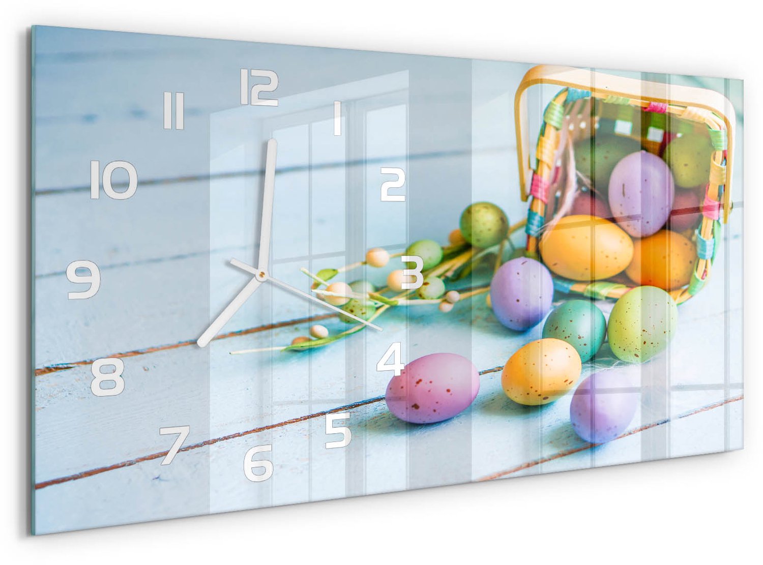 TULUP Wandklok - Paaseieren Glazen Wandklok Design - 60x30 cm - Veelkleurig Klok Glas Met Opdruk - Witte handen - Rechthoekige Klok - Wandklok Glas Met Motief - Decoratieve Glazen Klok