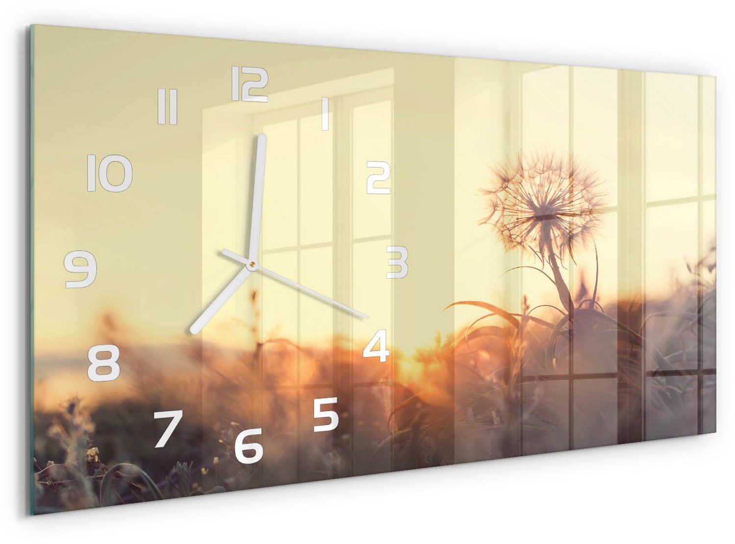 TULUP Wandklok - Paardebloem Glazen Klok Met Print - 60x30 cm - Geel Wandklok Glas Met Motief - Witte handen - Rechthoekige Klok - Wandklok Glas Decoratie - Gekleurde Glazen Klok