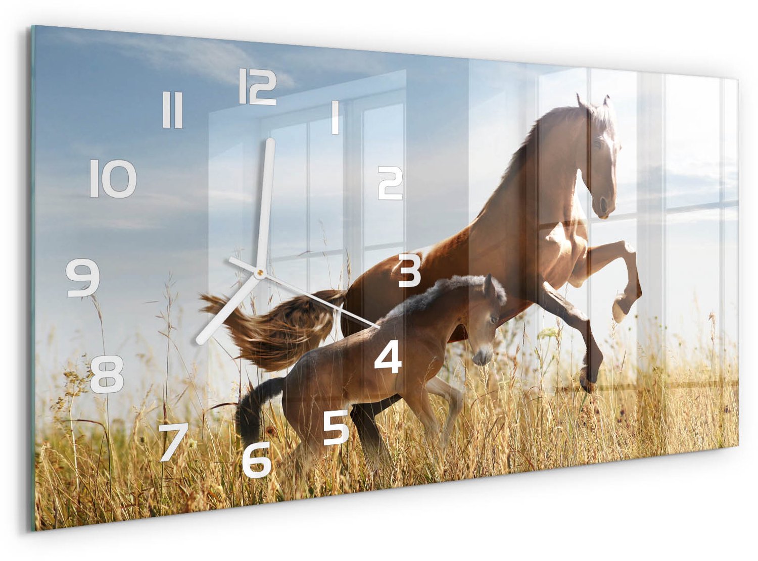TULUP Wandklok - Merrie met veulen Moderne Wandklok Glas - 60x30 cm - Bruin Wandklok Glas Decoratie - Witte handen - Rechthoekige Klok - Glazen Wandklok Design - Klok Glas Met Opdruk