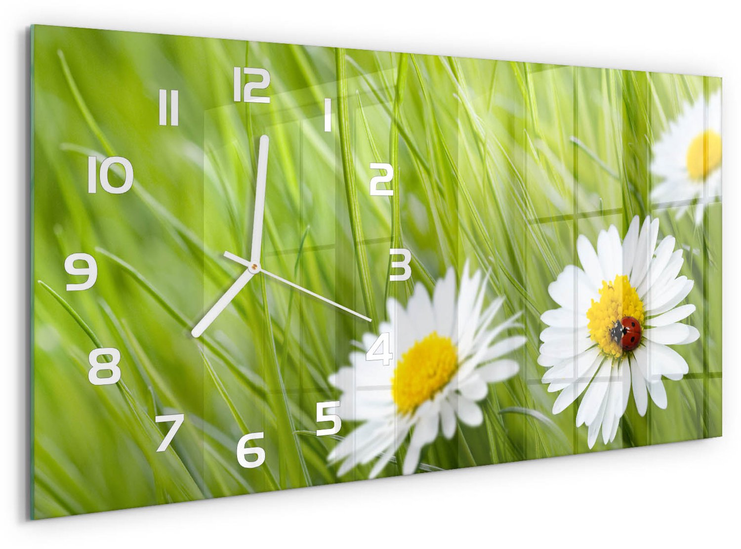 TULUP Wandklok - Madeliefje Glazen Wandklok Design - 60x30 cm - Groente Klok Glas Met Opdruk - Witte handen - Rechthoekige Klok - Wandklok Glas Met Motief - Decoratieve Glazen Klok