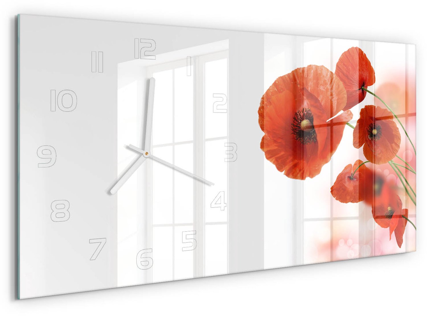 TULUP Wandklok - Klaprozen Glazen Klok Met Print - 60x30 cm - Rood Wandklok Glas Met Motief - Witte handen - Rechthoekige Klok - Wandklok Glas Decoratie - Gekleurde Glazen Klok