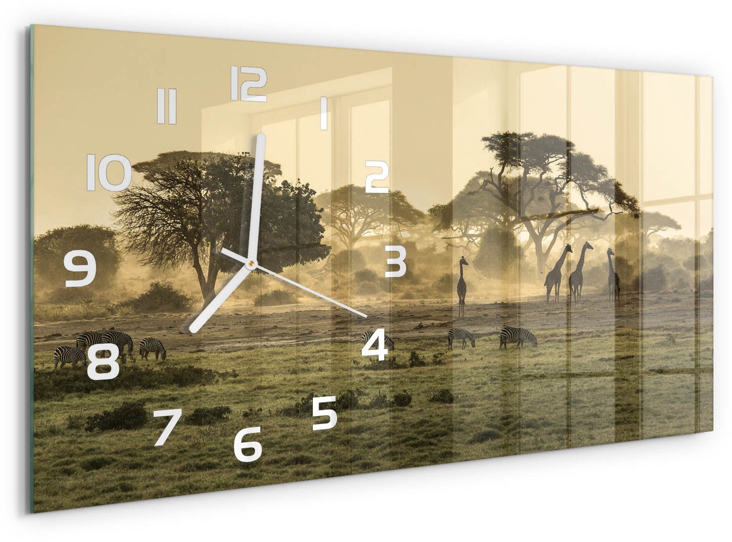 TULUP Wandklok - Giraffen in de savanne Decoratieve Glazen Klok - 60x30 cm - Beige Glazen Wandklok Design - Witte handen - Rechthoekige Klok - Glazen Klok Met Print - Wandklok Glas Met Motief