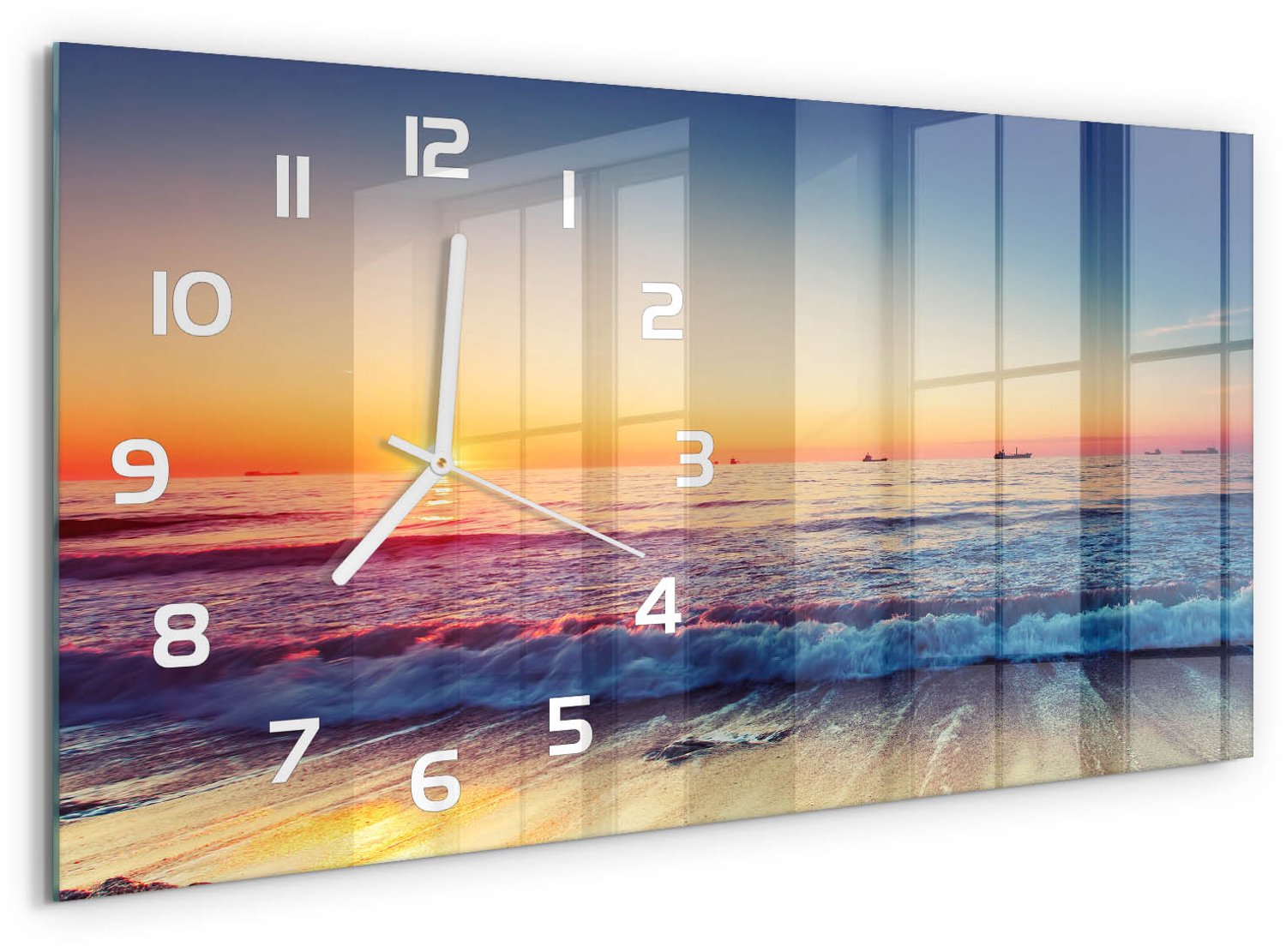 TULUP Wandklok - Zonsopgang boven de zee Glazen Wandklok Design - 60x30 cm - Oranje Klok Glas Met Opdruk - Witte handen - Rechthoekige Klok - Wandklok Glas Met Motief - Decoratieve Glazen Klok