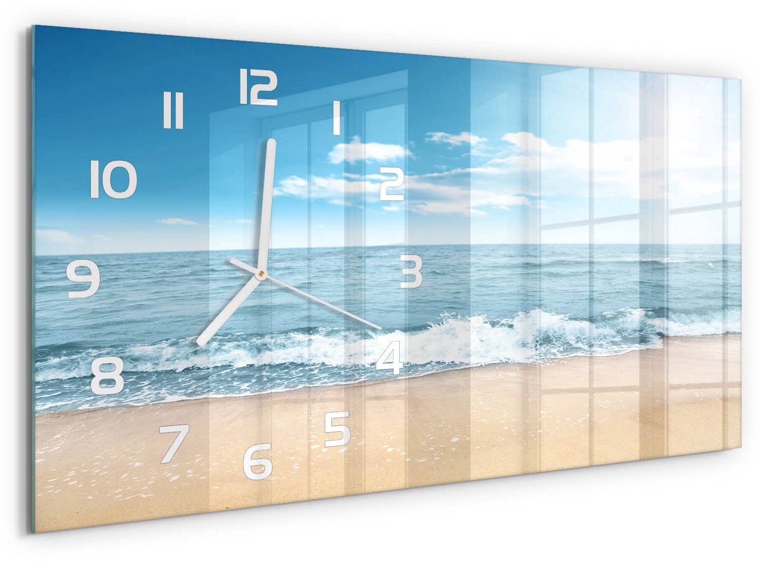 TULUP Wandklok - Strand Glazen Klok Met Print - 60x30 cm - Blauw Wandklok Glas Met Motief - Witte handen - Rechthoekige Klok - Wandklok Glas Decoratie - Gekleurde Glazen Klok