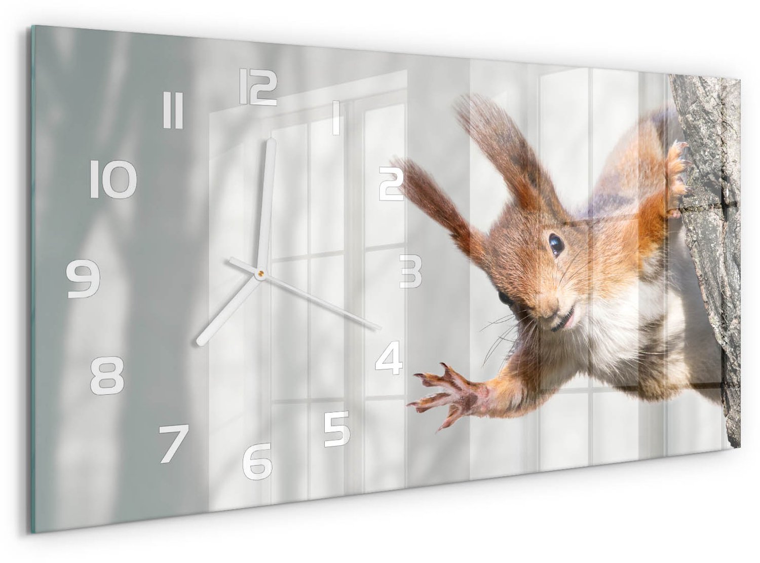 TULUP Wandklok - Eekhoorn Decoratieve Glazen Klok - 60x30 cm - Oranje Glazen Wandklok Design - Witte handen - Rechthoekige Klok - Glazen Klok Met Print - Wandklok Glas Met Motief
