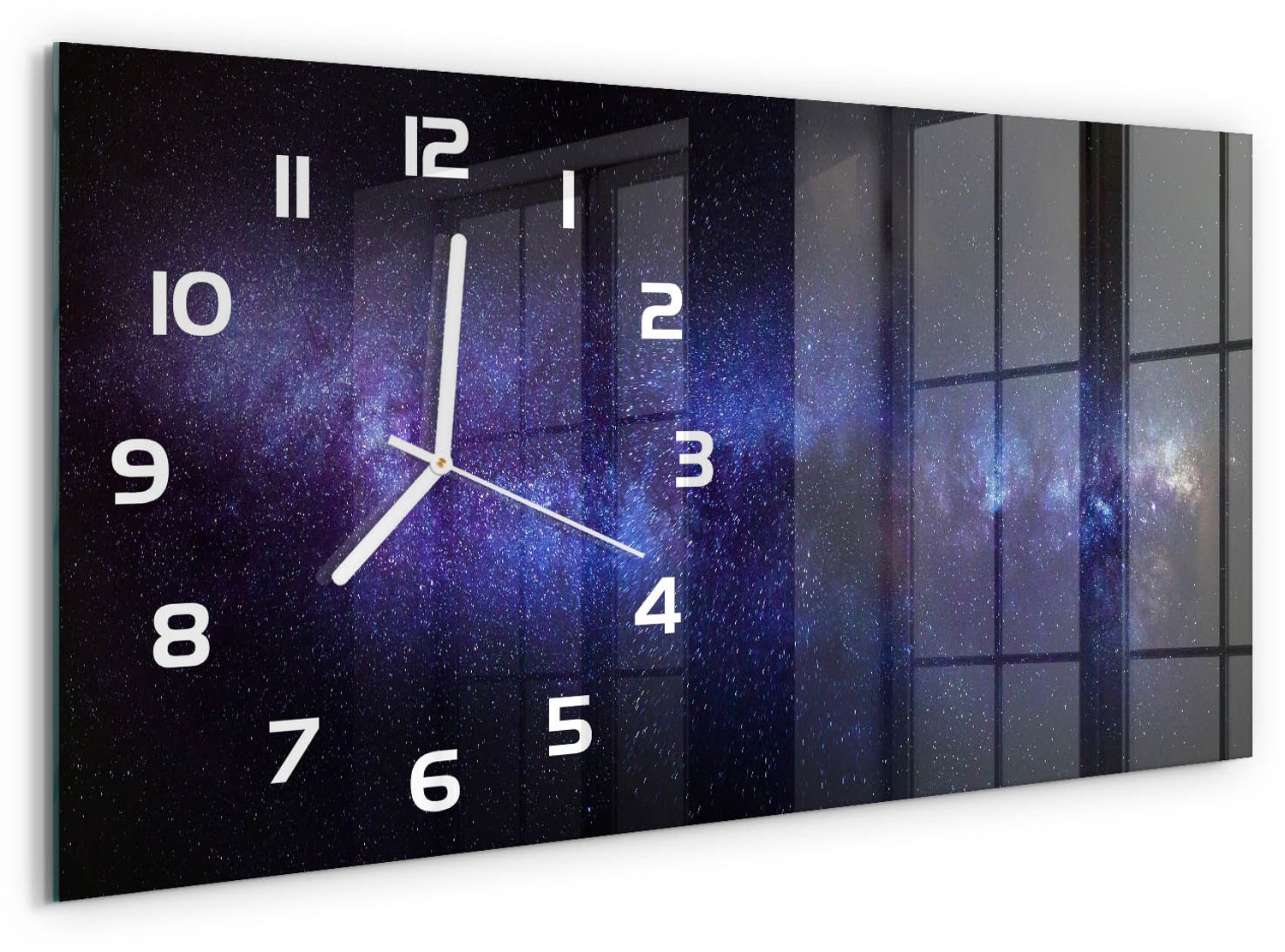 TULUP Wandklok - Melkweg Wandklok Glas Met Motief - 60x30 cm - Paars Decoratieve Glazen Klok - Witte handen - Rechthoekige Klok - Gekleurde Glazen Klok - Glazen Klok Met Print