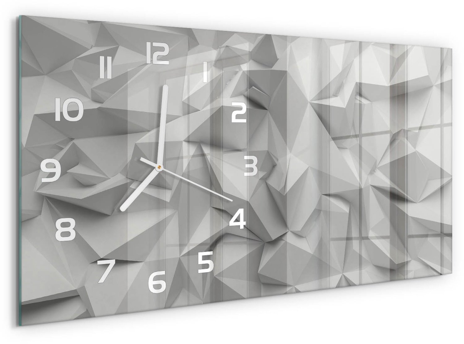 TULUP Wandklok - 3D-abstractie Glazen Wandklok Design - 60x30 cm - Grijs Klok Glas Met Opdruk - Witte handen - Rechthoekige Klok - Wandklok Glas Met Motief - Decoratieve Glazen Klok