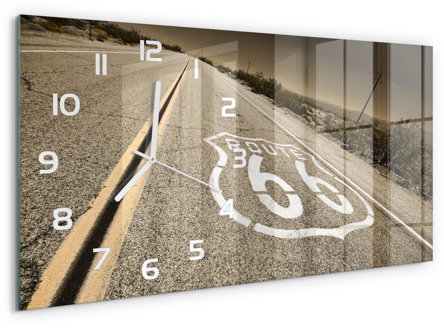 TULUP Wandklok - Een straat in Californië Klok Glas Met Opdruk - 60x30 cm - Beige Moderne Wandklok Glas - Witte handen - Rechthoekige Klok - Decoratieve Glazen Klok - Glazen Wandklok Design