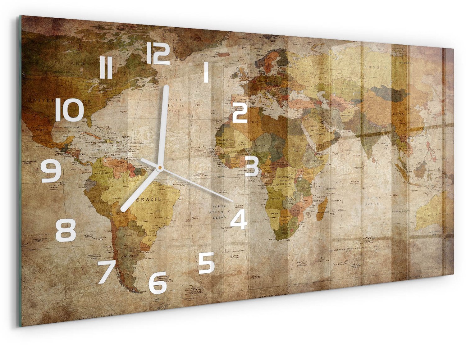 TULUP Wandklok - Politieke kaart Wandklok Glas Met Motief - 60x30 cm - Bruin Decoratieve Glazen Klok - Witte handen - Rechthoekige Klok - Gekleurde Glazen Klok - Glazen Klok Met Print