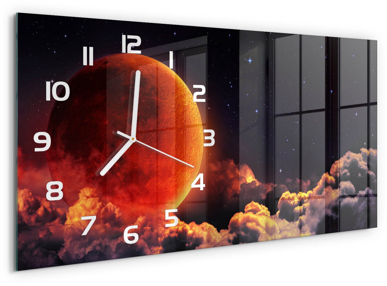 TULUP Wandklok - Maansverduistering Gekleurde Glazen Klok - 60x30 cm - Rood Glazen Klok Met Print - Witte handen - Rechthoekige Klok - Moderne Wandklok Glas - Wandklok Glas Decoratie