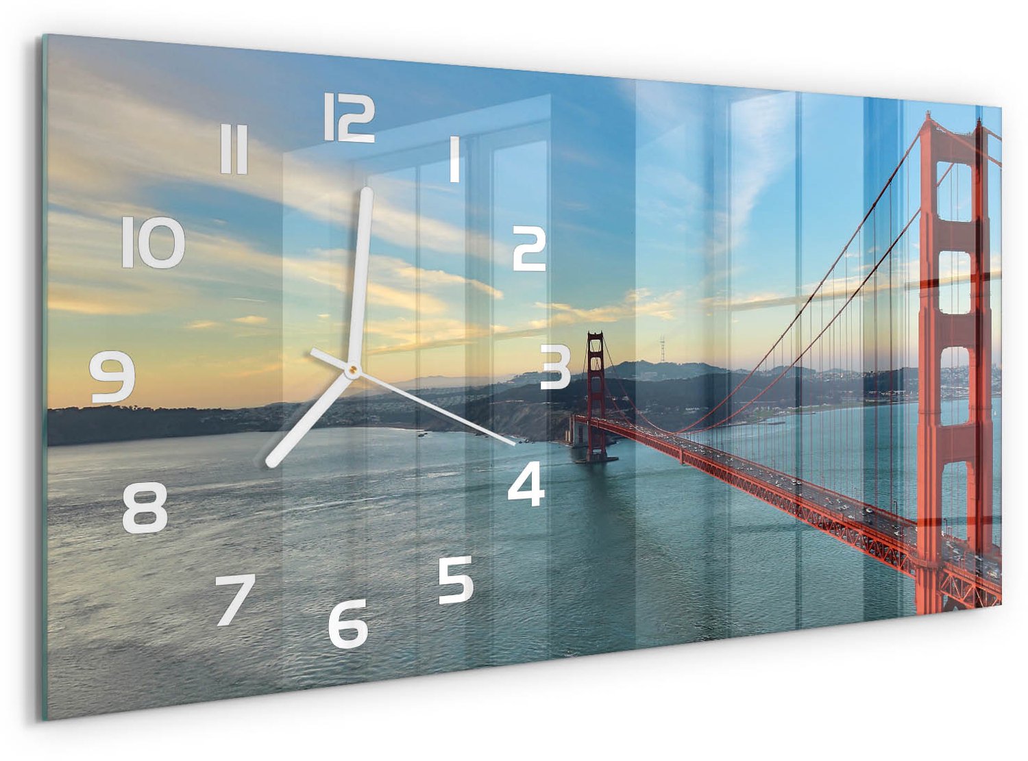 TULUP Wandklok - San Francisco-brug Glazen Wandklok Design - 60x30 cm - Rood Klok Glas Met Opdruk - Witte handen - Rechthoekige Klok - Wandklok Glas Met Motief - Decoratieve Glazen Klok