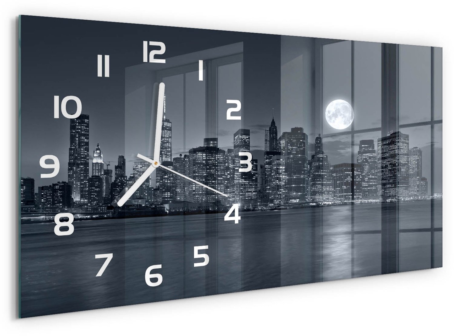 TULUP Wandklok - New York 's nachts Glazen Wandklok Design - 60x30 cm - Zwart-wit Klok Glas Met Opdruk - Witte handen - Rechthoekige Klok - Wandklok Glas Met Motief - Decoratieve Glazen Klok