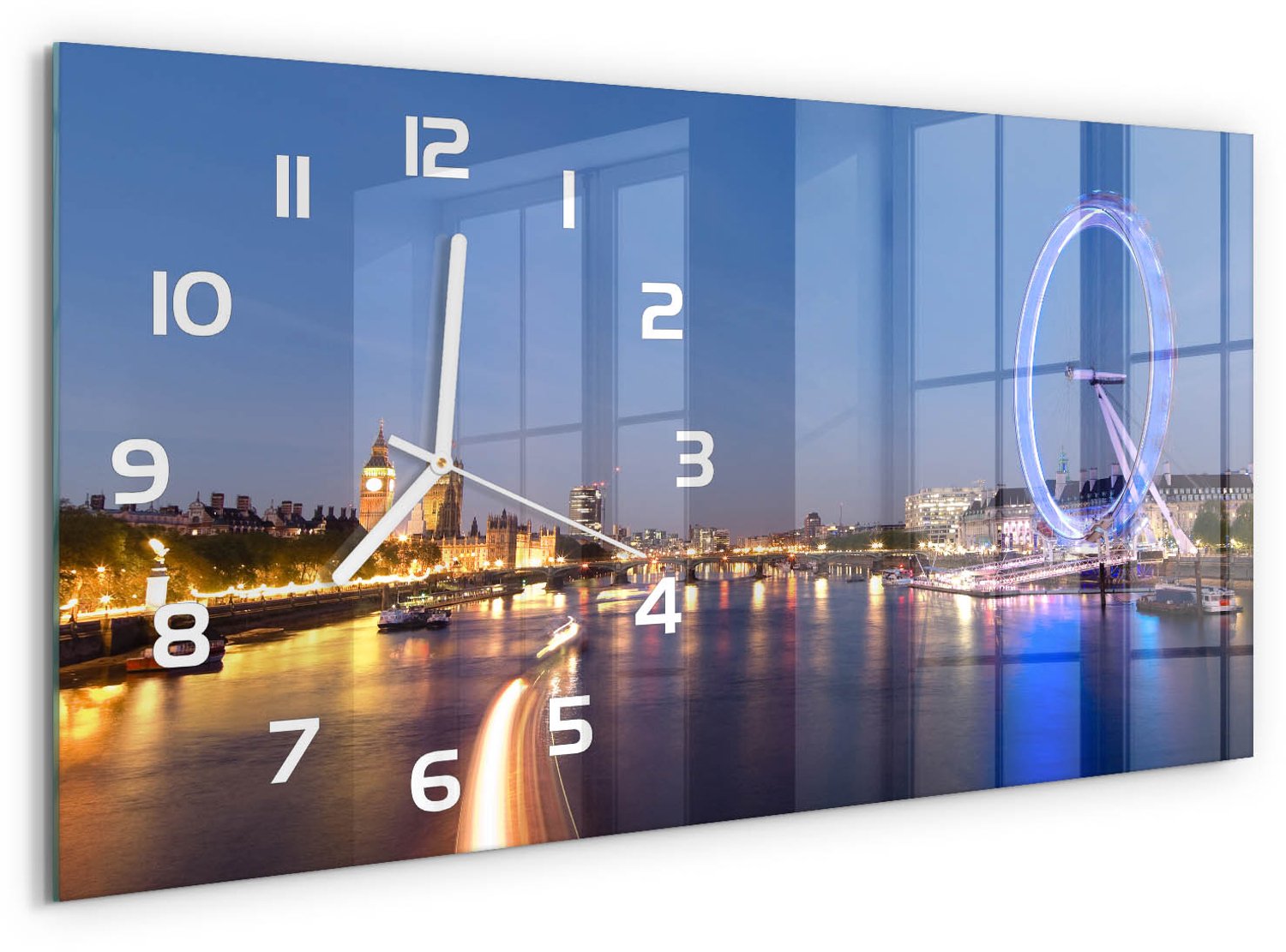 TULUP Wandklok - London Eye Londen Klok Glas Met Opdruk - 60x30 cm - Veelkleurig Moderne Wandklok Glas - Witte handen - Rechthoekige Klok - Decoratieve Glazen Klok - Glazen Wandklok Design