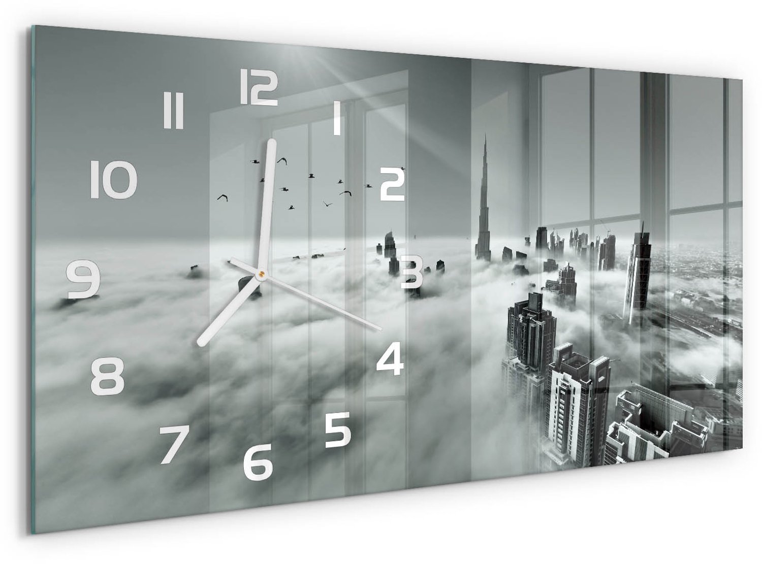 TULUP Wandklok - Mist boven Dubai Gekleurde Glazen Klok - 60x30 cm - Zwart-wit Glazen Klok Met Print - Witte handen - Rechthoekige Klok - Moderne Wandklok Glas - Wandklok Glas Decoratie