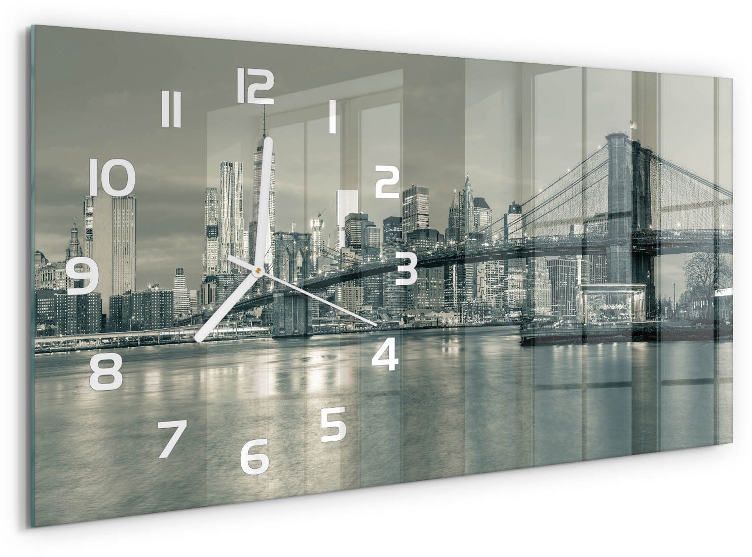 TULUP Wandklok - Manhattan, New York Wandklok Glas Decoratie - 60x30 cm - Zwart-wit Gekleurde Glazen Klok - Witte handen - Rechthoekige Klok - Klok Glas Met Opdruk - Moderne Wandklok Glas