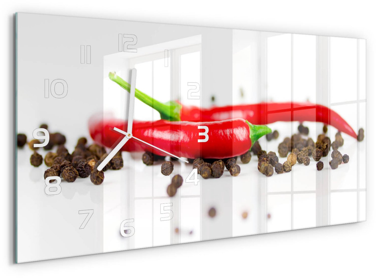 TULUP Wandklok - Chili en peper Gekleurde Glazen Klok - 60x30 cm - Rood Glazen Klok Met Print - Witte handen - Rechthoekige Klok - Moderne Wandklok Glas - Wandklok Glas Decoratie