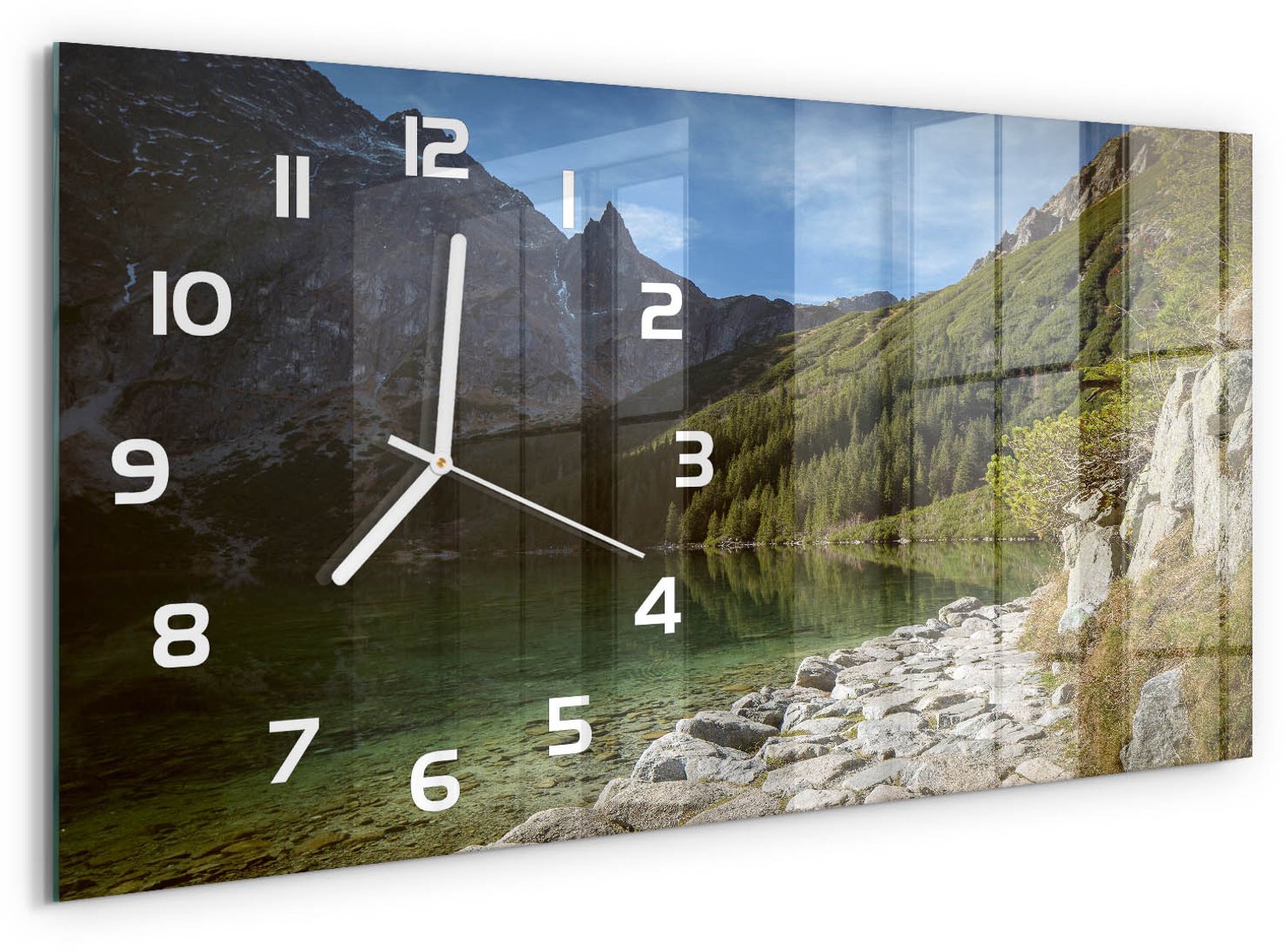 TULUP Wandklok - Morskie Oko van het Tatragebergte Wandklok Glas Met Motief - 60x30 cm - Groente Decoratieve Glazen Klok - Witte handen - Rechthoekige Klok - Gekleurde Glazen Klok - Glazen Klok Met Print