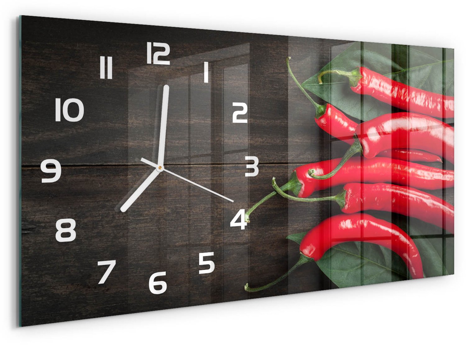 TULUP Wandklok - Chilipepers Glazen Klok Met Print - 60x30 cm - Rood Wandklok Glas Met Motief - Witte handen - Rechthoekige Klok - Wandklok Glas Decoratie - Gekleurde Glazen Klok
