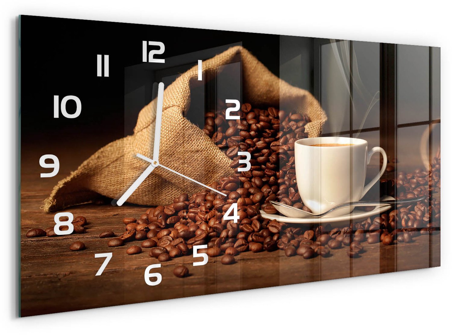 TULUP Wandklok - Koffie in een kopje Wandklok Glas Decoratie - 60x30 cm - Bruin Gekleurde Glazen Klok - Witte handen - Rechthoekige Klok - Klok Glas Met Opdruk - Moderne Wandklok Glas