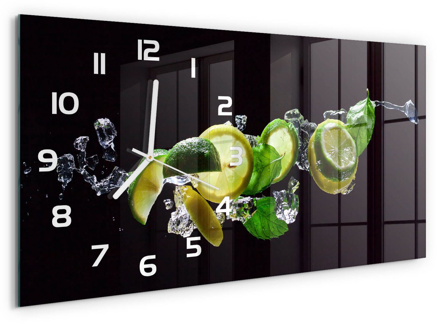 TULUP Wandklok - Limoen en citroen Klok Glas Met Opdruk - 60x30 cm - Groente Moderne Wandklok Glas - Witte handen - Rechthoekige Klok - Decoratieve Glazen Klok - Glazen Wandklok Design