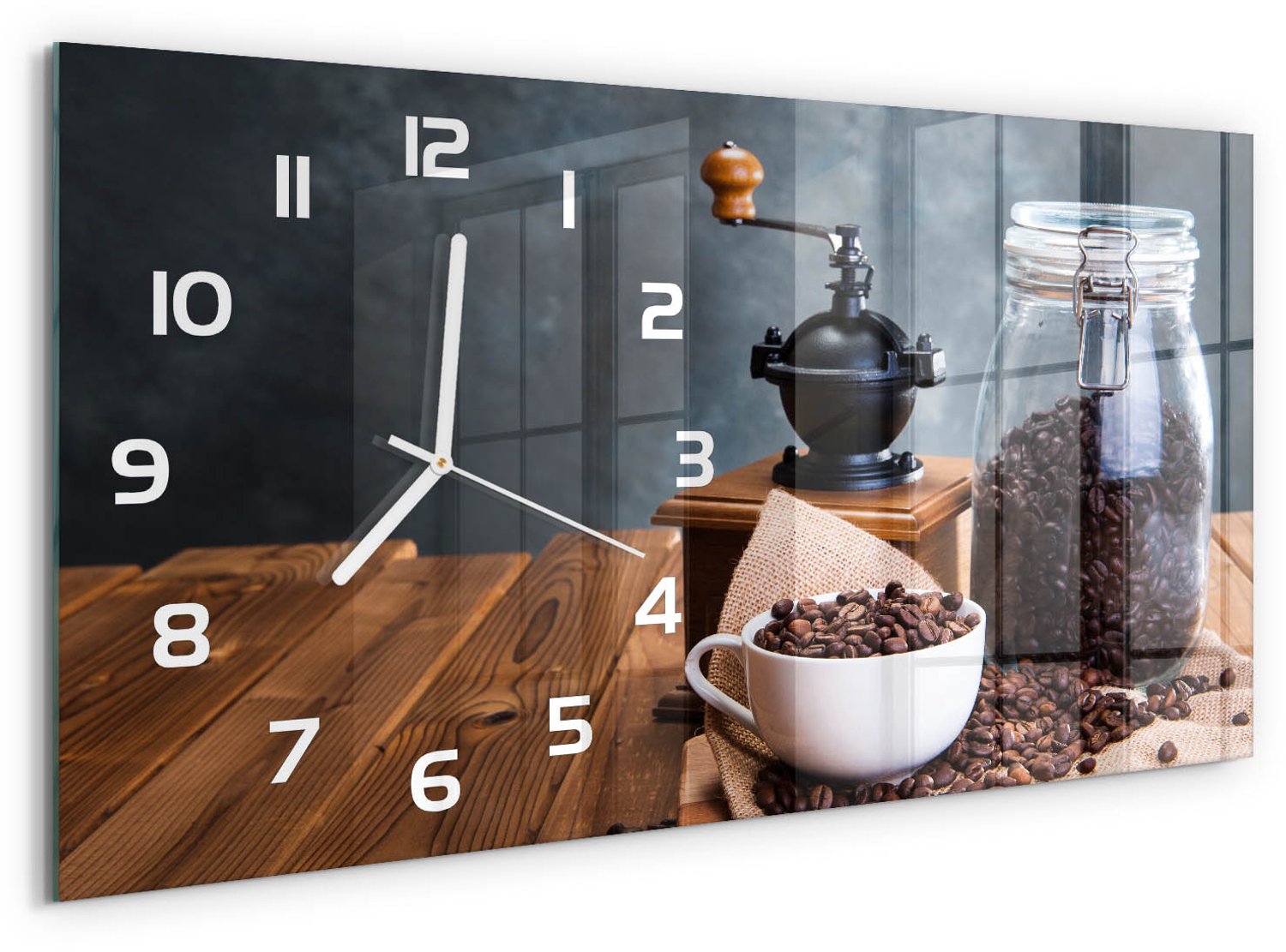 TULUP Wandklok - Koffiemolen Wandklok Glas Decoratie - 60x30 cm - Bruin Gekleurde Glazen Klok - Witte handen - Rechthoekige Klok - Klok Glas Met Opdruk - Moderne Wandklok Glas