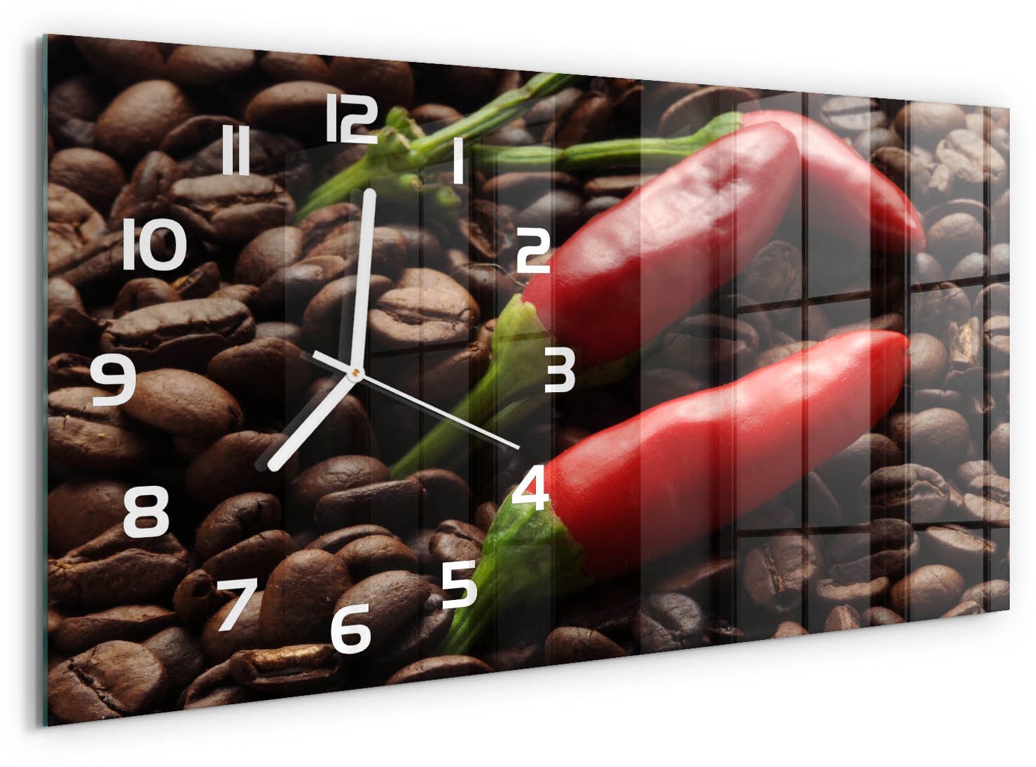 TULUP Wandklok - Chilipepers en koffie Wandklok Glas Met Motief - 60x30 cm - Rood Decoratieve Glazen Klok - Witte handen - Rechthoekige Klok - Gekleurde Glazen Klok - Glazen Klok Met Print