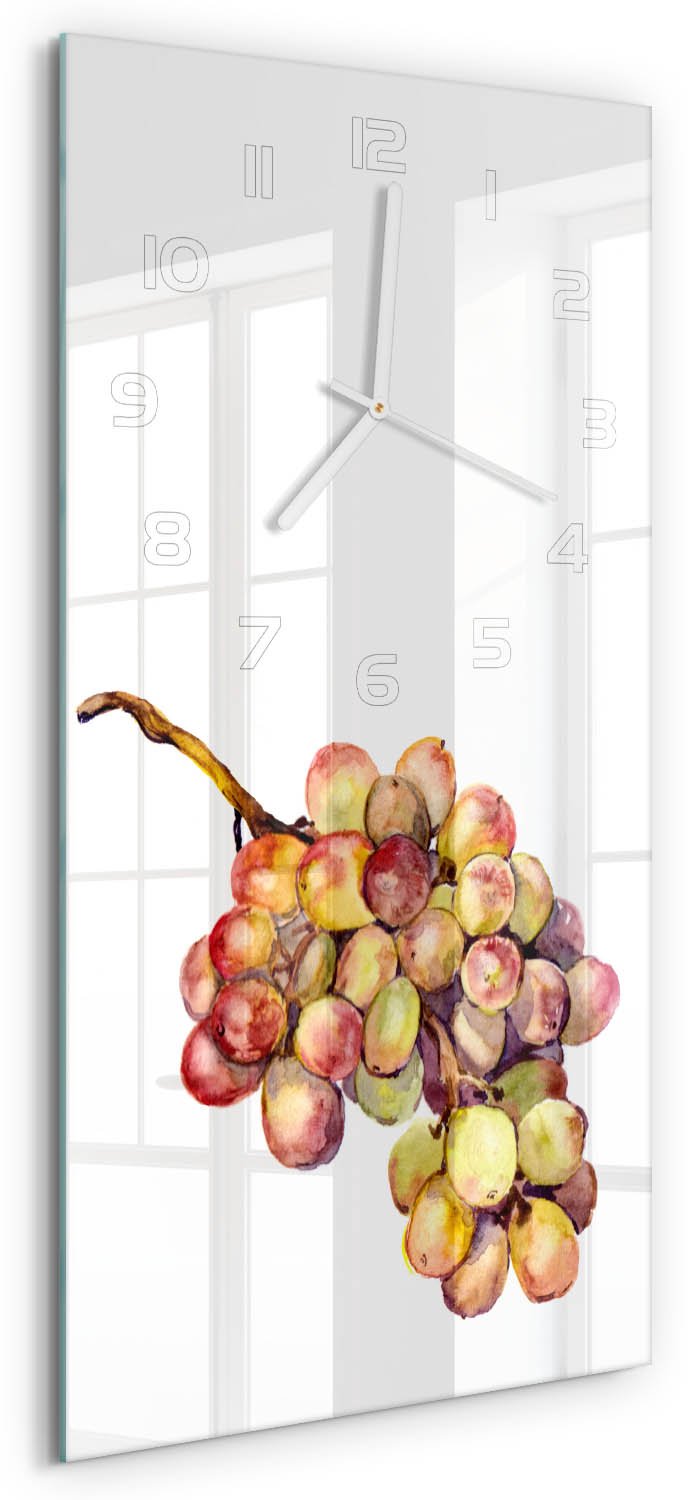 Tulup Wandklok - Druif Wandklok Glas Decoratie - 30x60 cm - Groente Gekleurde Glazen Klok - Witte handen - Rechthoekige Klok - Klok Glas Met Opdruk - Moderne Wandklok Glas
