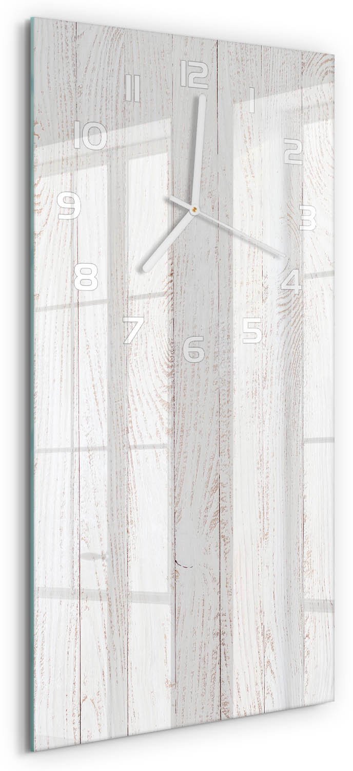 Tulup Wandklok - Houten achtergrond Wandklok Glas Decoratie - 30x60 cm - Wit Gekleurde Glazen Klok - Witte handen - Rechthoekige Klok - Klok Glas Met Opdruk - Moderne Wandklok Glas