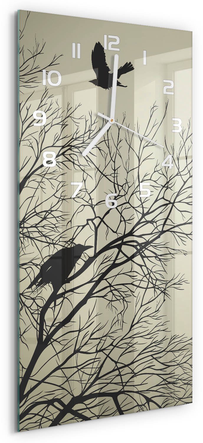 Tulup Wandklok - Raven in de boom Glazen Wandklok Design - 30x60 cm - Beige Klok Glas Met Opdruk - Witte handen - Rechthoekige Klok - Wandklok Glas Met Motief - Decoratieve Glazen Klok