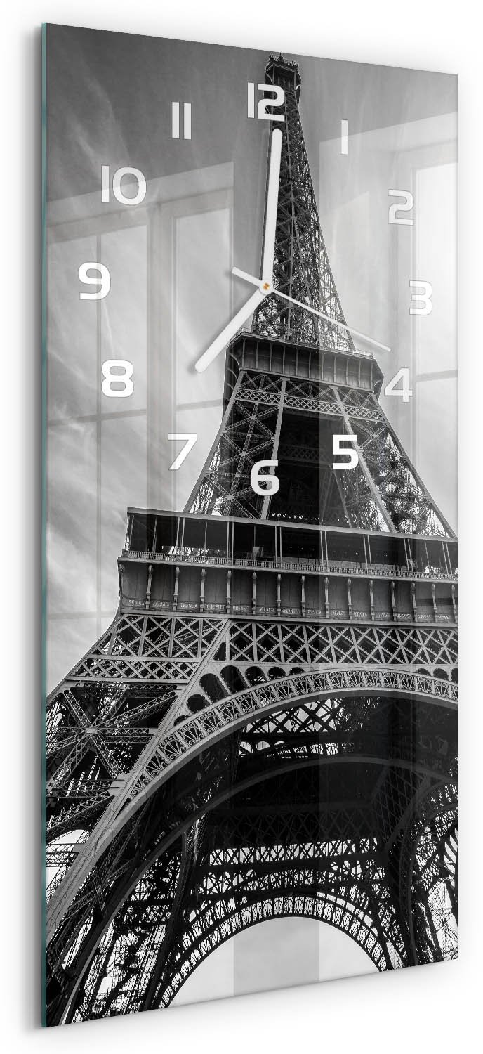 Tulup Wandklok - Eiffeltoren Parijs Klok Glas Met Opdruk - 30x60 cm - Zwart-wit Moderne Wandklok Glas - Witte handen - Rechthoekige Klok - Decoratieve Glazen Klok - Glazen Wandklok Design