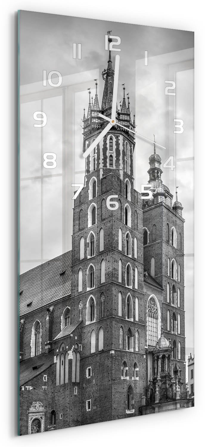 Tulup Wandklok - Krakau, Polen Wandklok Glas Met Motief - 30x60 cm - Zwart-wit Decoratieve Glazen Klok - Witte handen - Rechthoekige Klok - Gekleurde Glazen Klok - Glazen Klok Met Print