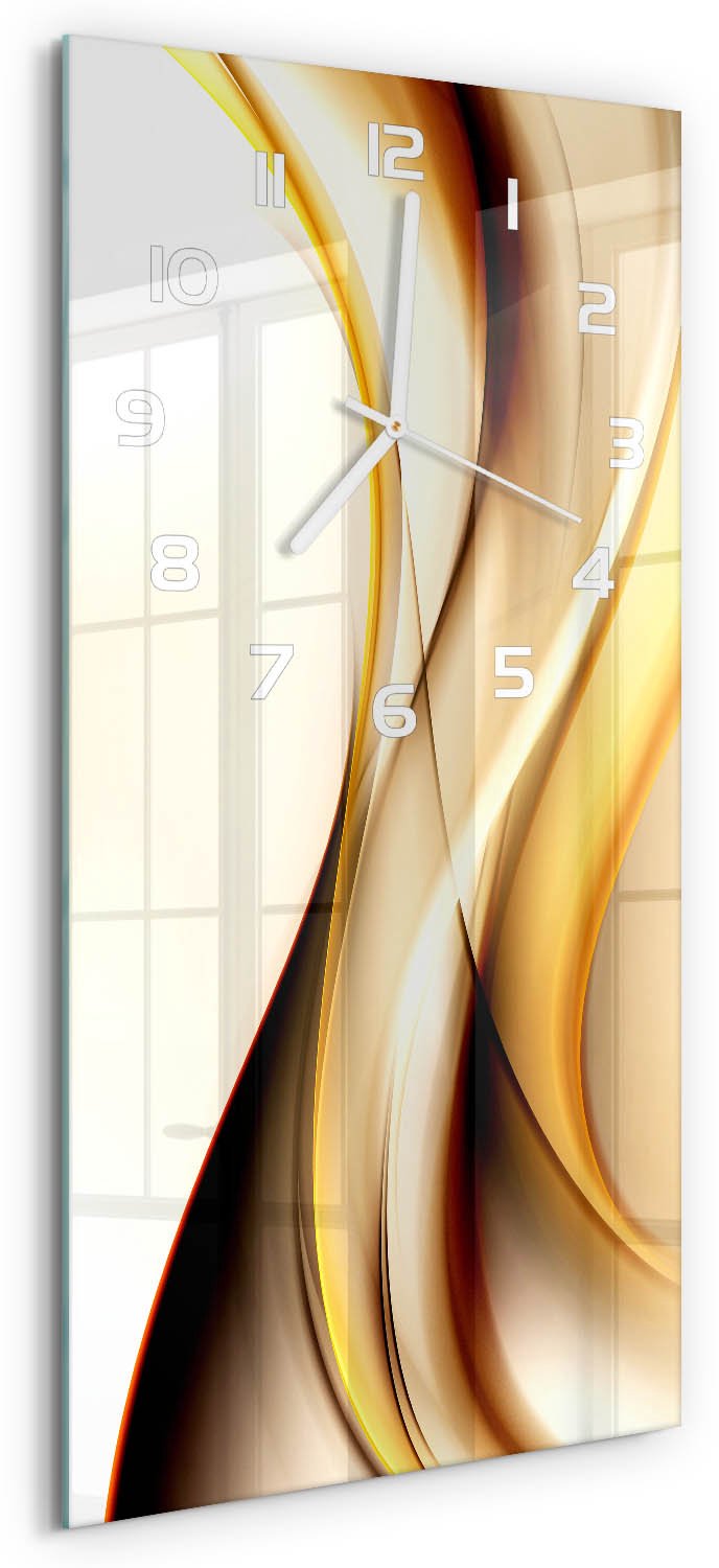 Tulup Wandklok - Abstracte golven Klok Glas Met Opdruk - 30x60 cm - Geel Moderne Wandklok Glas - Witte handen - Rechthoekige Klok - Decoratieve Glazen Klok - Glazen Wandklok Design