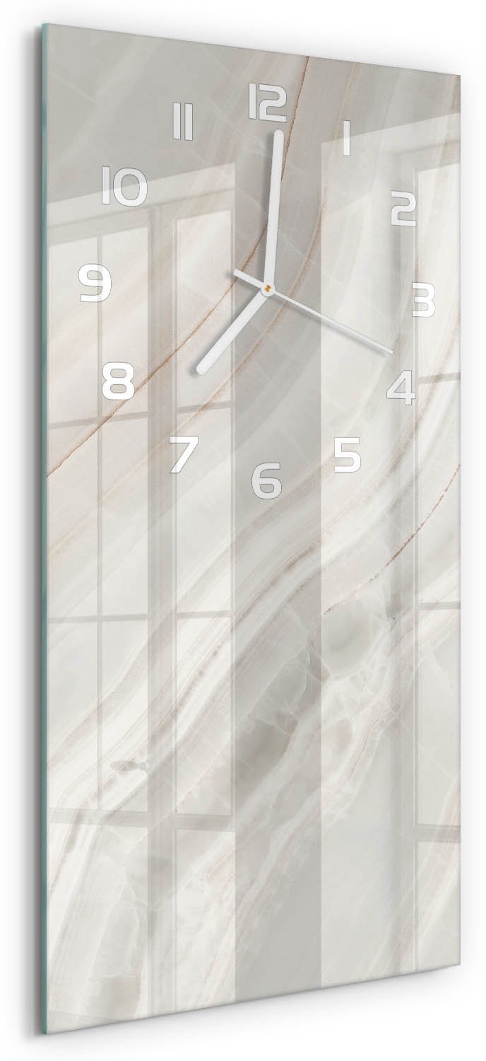 Tulup Wandklok - Marmertextuur Glazen Wandklok Design - 30x60 cm - Beige Klok Glas Met Opdruk - Witte handen - Rechthoekige Klok - Wandklok Glas Met Motief - Decoratieve Glazen Klok