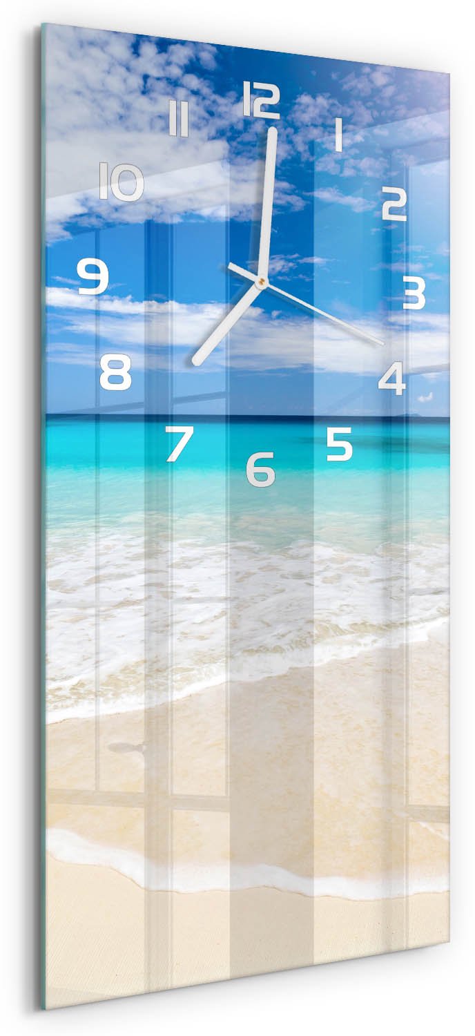 Tulup Wandklok - Tropisch strand Wandklok Glas Decoratie - 30x60 cm - Blauw Gekleurde Glazen Klok - Witte handen - Rechthoekige Klok - Klok Glas Met Opdruk - Moderne Wandklok Glas