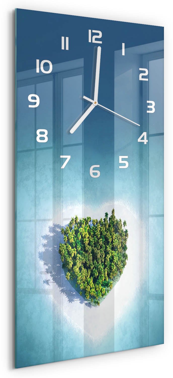 Tulup Wandklok - Hartvormig eiland Wandklok Glas Met Motief - 30x60 cm - Blauw Decoratieve Glazen Klok - Witte handen - Rechthoekige Klok - Gekleurde Glazen Klok - Glazen Klok Met Print