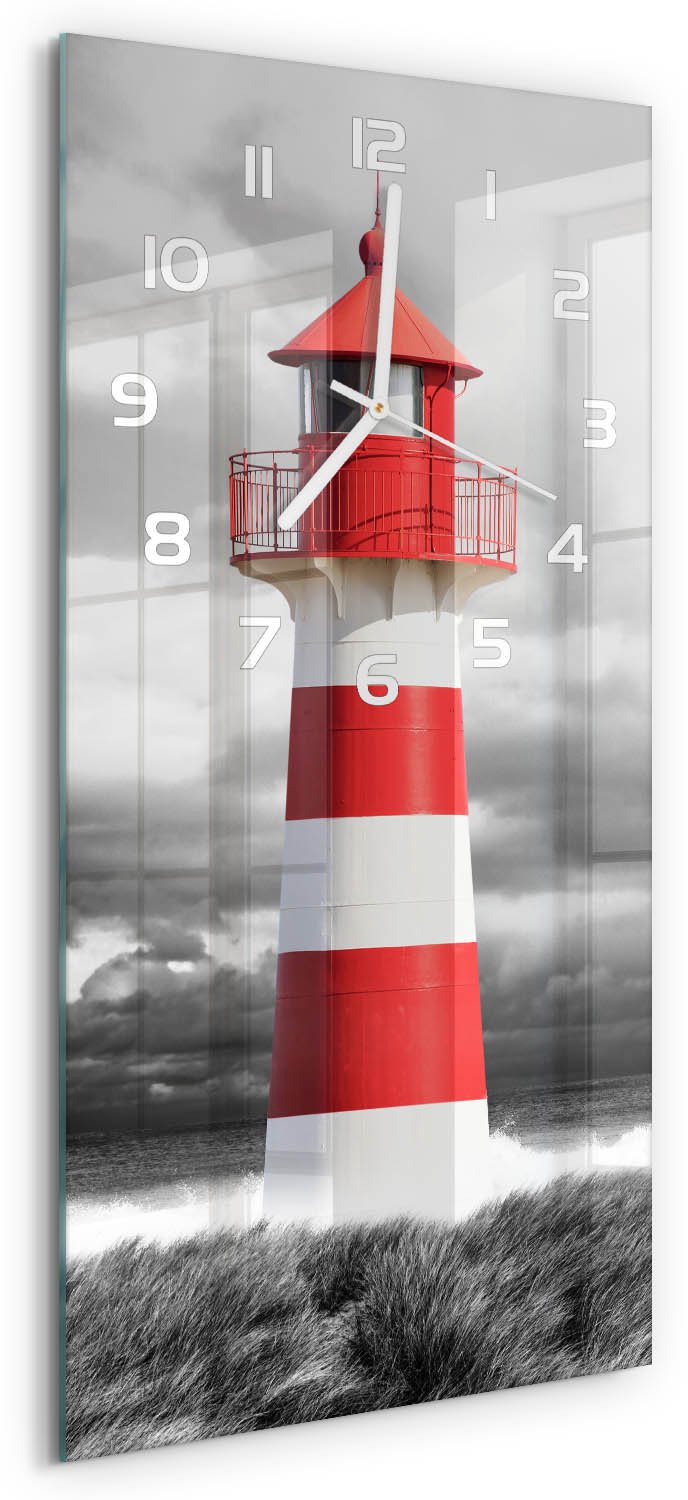 Tulup Wandklok - Vuurtoren Glazen Klok Met Print - 30x60 cm - Rood Wandklok Glas Met Motief - Witte handen - Rechthoekige Klok - Wandklok Glas Decoratie - Gekleurde Glazen Klok