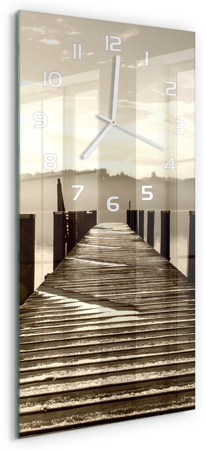 Tulup Wandklok - Houten brug Wandklok Glas Met Motief - 30x60 cm - Bruin Decoratieve Glazen Klok - Witte handen - Rechthoekige Klok - Gekleurde Glazen Klok - Glazen Klok Met Print