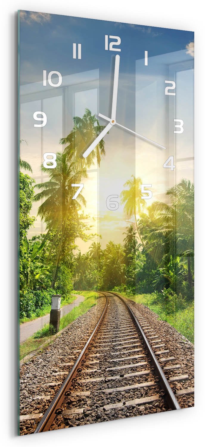 Tulup Wandklok - Spoorwegen Glazen Wandklok Design - 30x60 cm - Groente Klok Glas Met Opdruk - Witte handen - Rechthoekige Klok - Wandklok Glas Met Motief - Decoratieve Glazen Klok