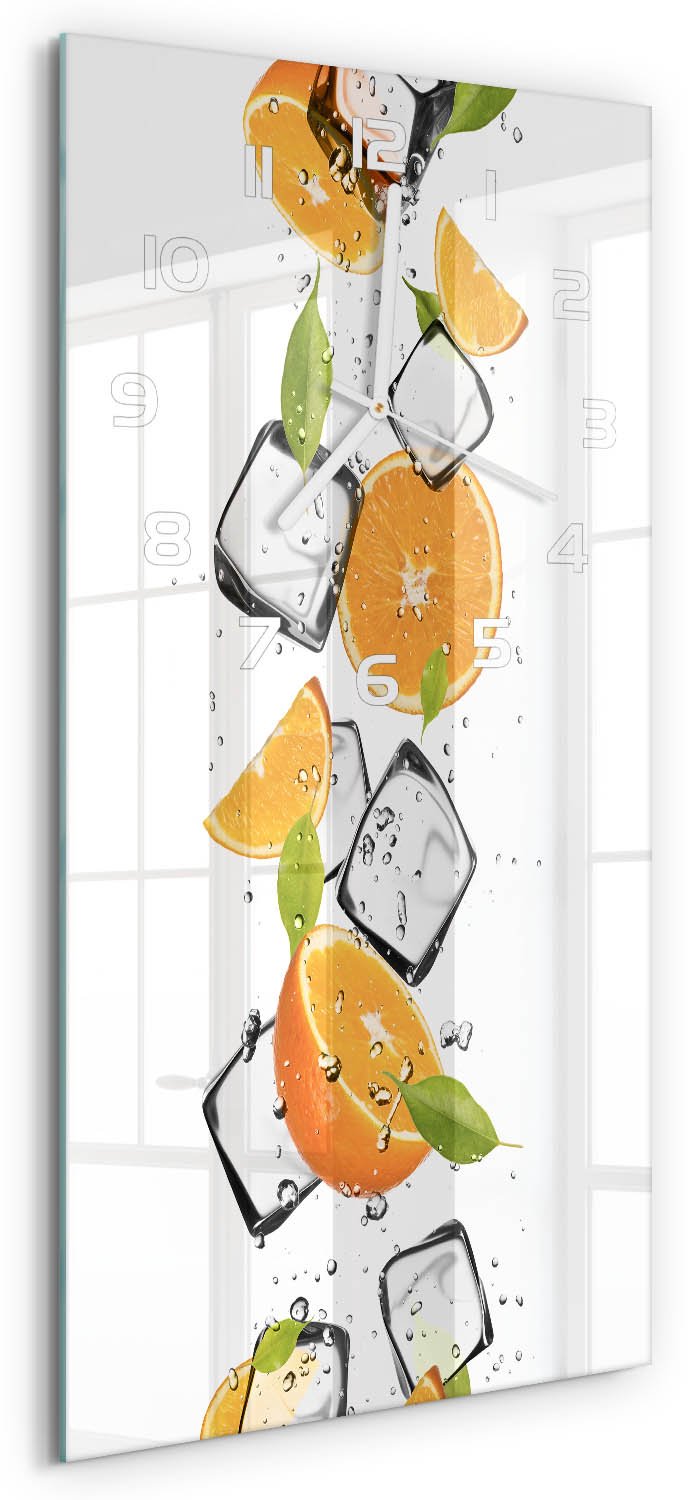Tulup Wandklok - Sinaasappels met ijs Wandklok Glas Decoratie - 30x60 cm - Oranje Gekleurde Glazen Klok - Witte handen - Rechthoekige Klok - Klok Glas Met Opdruk - Moderne Wandklok Glas