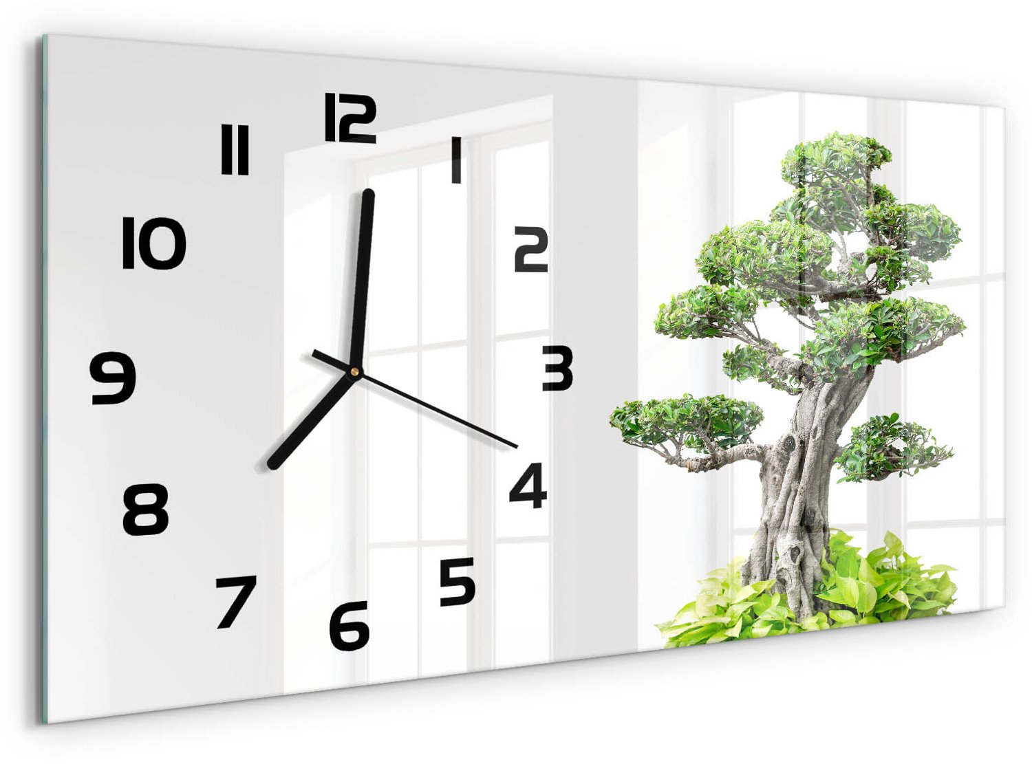 TULUP Wandklok - Bonsaiboom Gekleurde Glazen Klok - 60x30 cm - Groente Glazen Klok Met Print - Zwarte handen - Rechthoekige Klok - Moderne Wandklok Glas - Wandklok Glas Decoratie