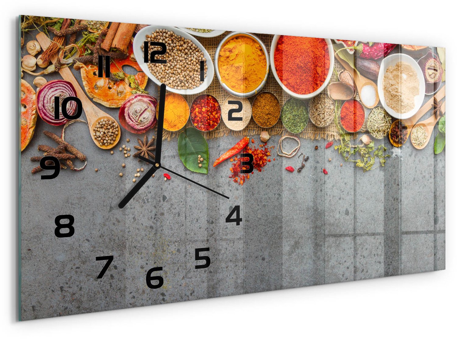 TULUP Wandklok - Kleurrijke specerijen Wandklok Glas Decoratie - 60x30 cm - Veelkleurig Gekleurde Glazen Klok - Zwarte handen - Rechthoekige Klok - Klok Glas Met Opdruk - Moderne Wandklok Glas