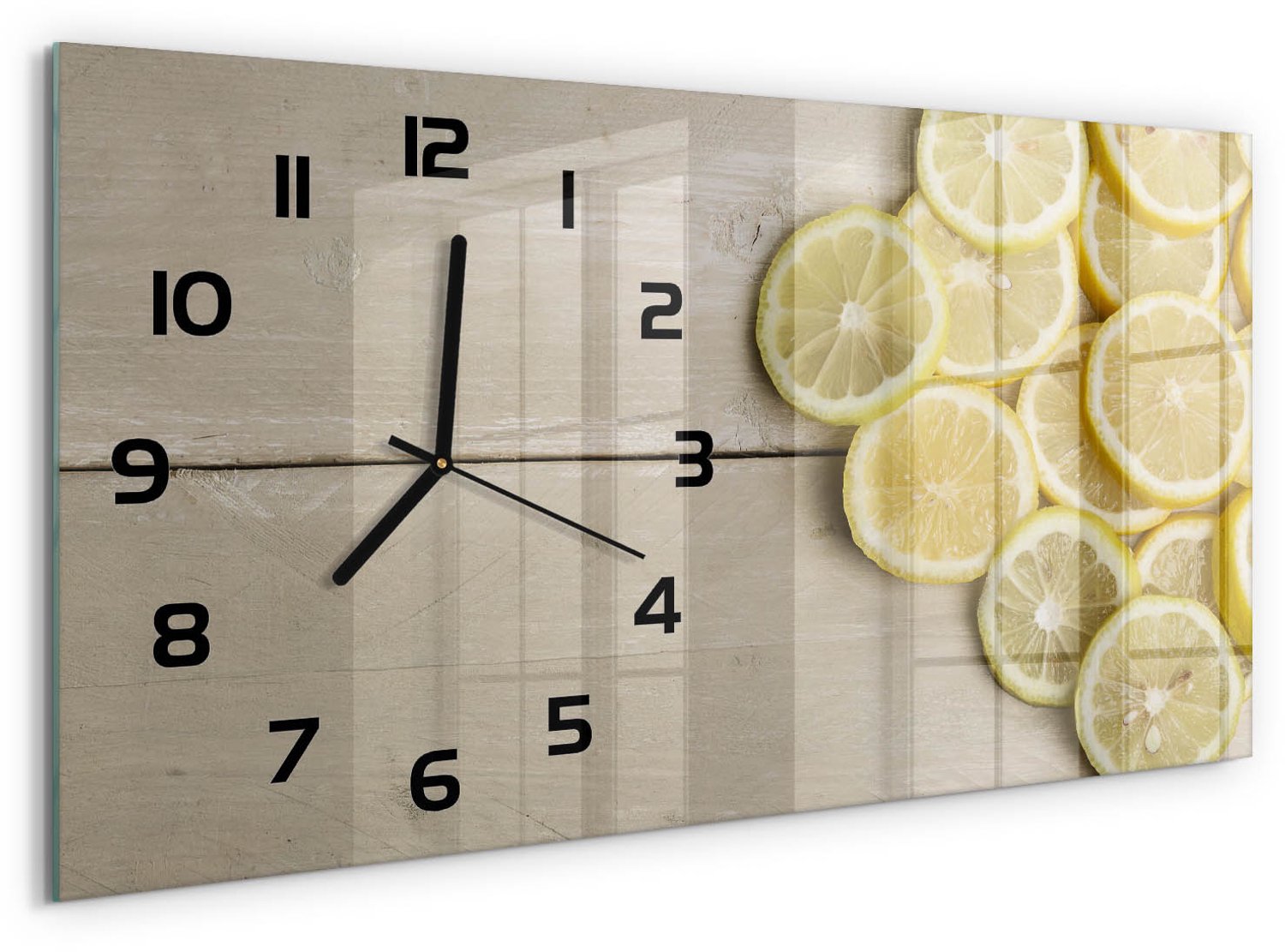 TULUP Wandklok - Citroenhout Glazen Wandklok Design - 60x30 cm - Geel Klok Glas Met Opdruk - Zwarte handen - Rechthoekige Klok - Wandklok Glas Met Motief - Decoratieve Glazen Klok