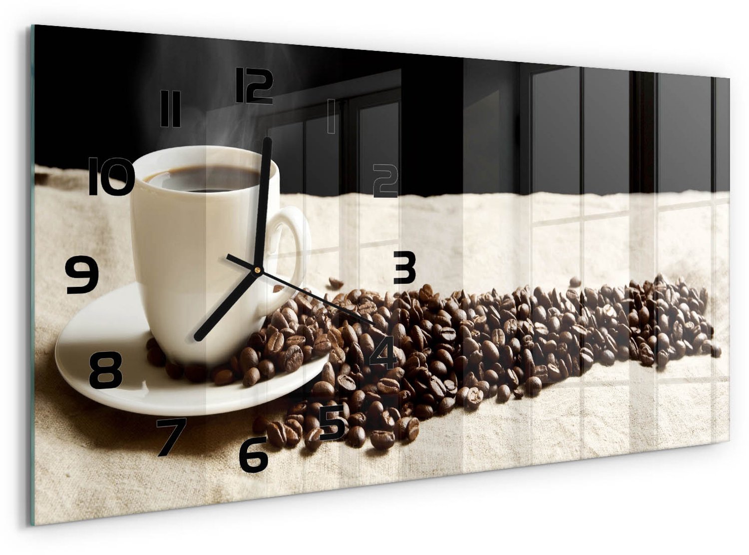 TULUP Wandklok - Aromatische koffie Glazen Wandklok Design - 60x30 cm - Beige Klok Glas Met Opdruk - Zwarte handen - Rechthoekige Klok - Wandklok Glas Met Motief - Decoratieve Glazen Klok