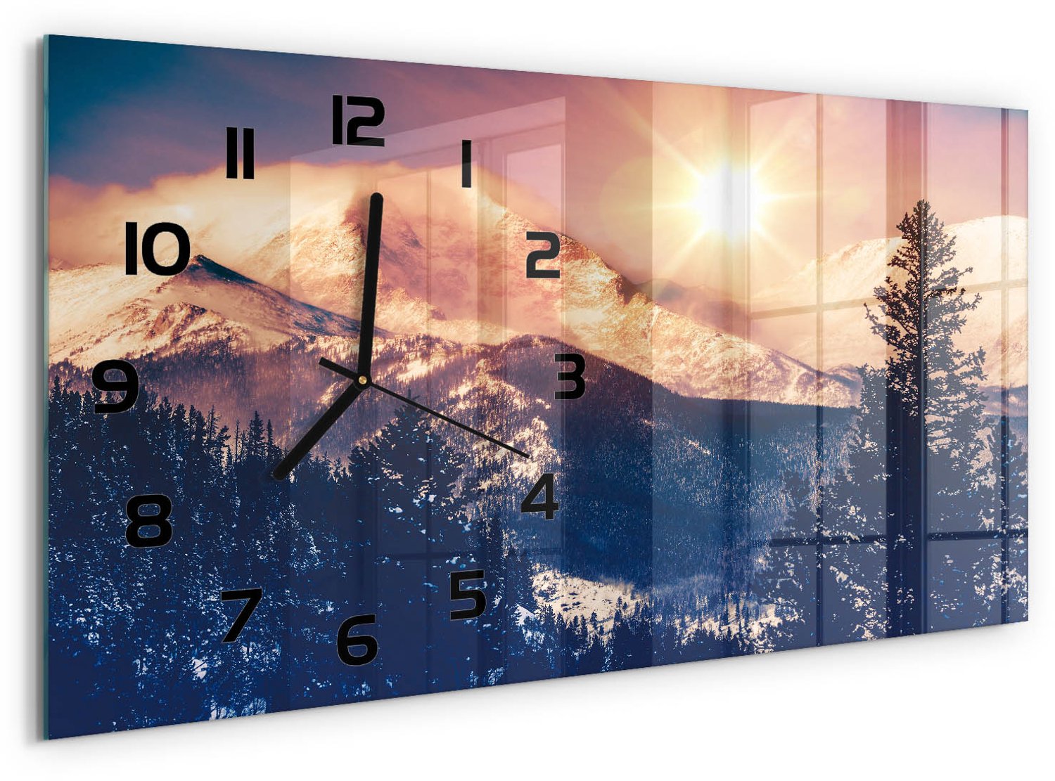TULUP Wandklok - De zon boven de bergen Moderne Wandklok Glas - 60x30 cm - Geel Wandklok Glas Decoratie - Zwarte handen - Rechthoekige Klok - Glazen Wandklok Design - Klok Glas Met Opdruk