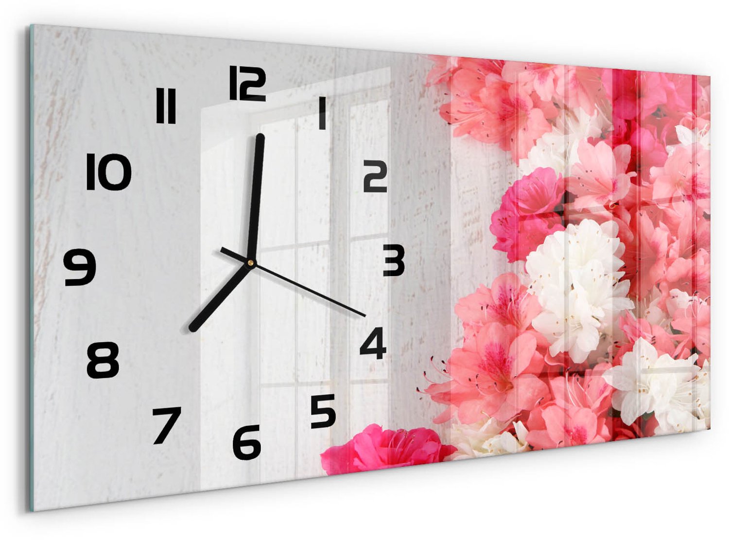 TULUP Wandklok - Bloemen Glazen Klok Met Print - 60x30 cm - Roze Wandklok Glas Met Motief - Zwarte handen - Rechthoekige Klok - Wandklok Glas Decoratie - Gekleurde Glazen Klok