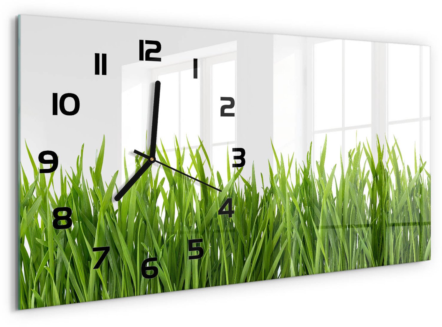 TULUP Wandklok - Gras Moderne Wandklok Glas - 60x30 cm - Groente Wandklok Glas Decoratie - Zwarte handen - Rechthoekige Klok - Glazen Wandklok Design - Klok Glas Met Opdruk