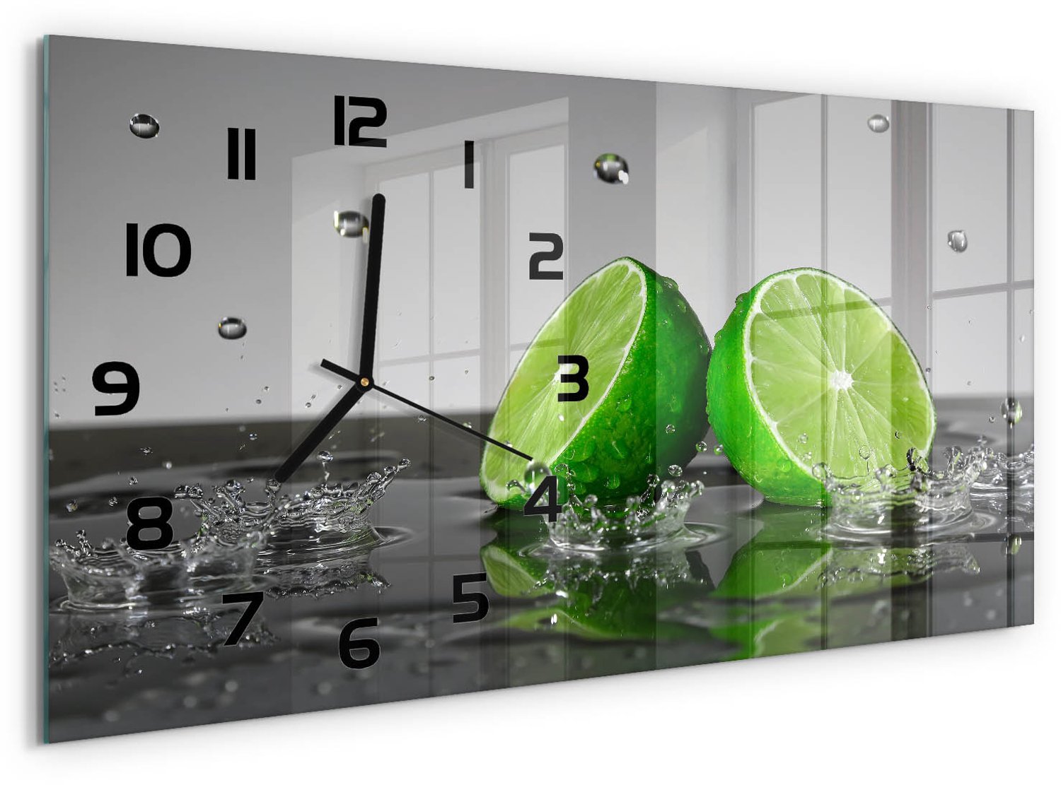 TULUP Wandklok - Kalk in water Glazen Klok Met Print - 60x30 cm - Groente Wandklok Glas Met Motief - Zwarte handen - Rechthoekige Klok - Wandklok Glas Decoratie - Gekleurde Glazen Klok