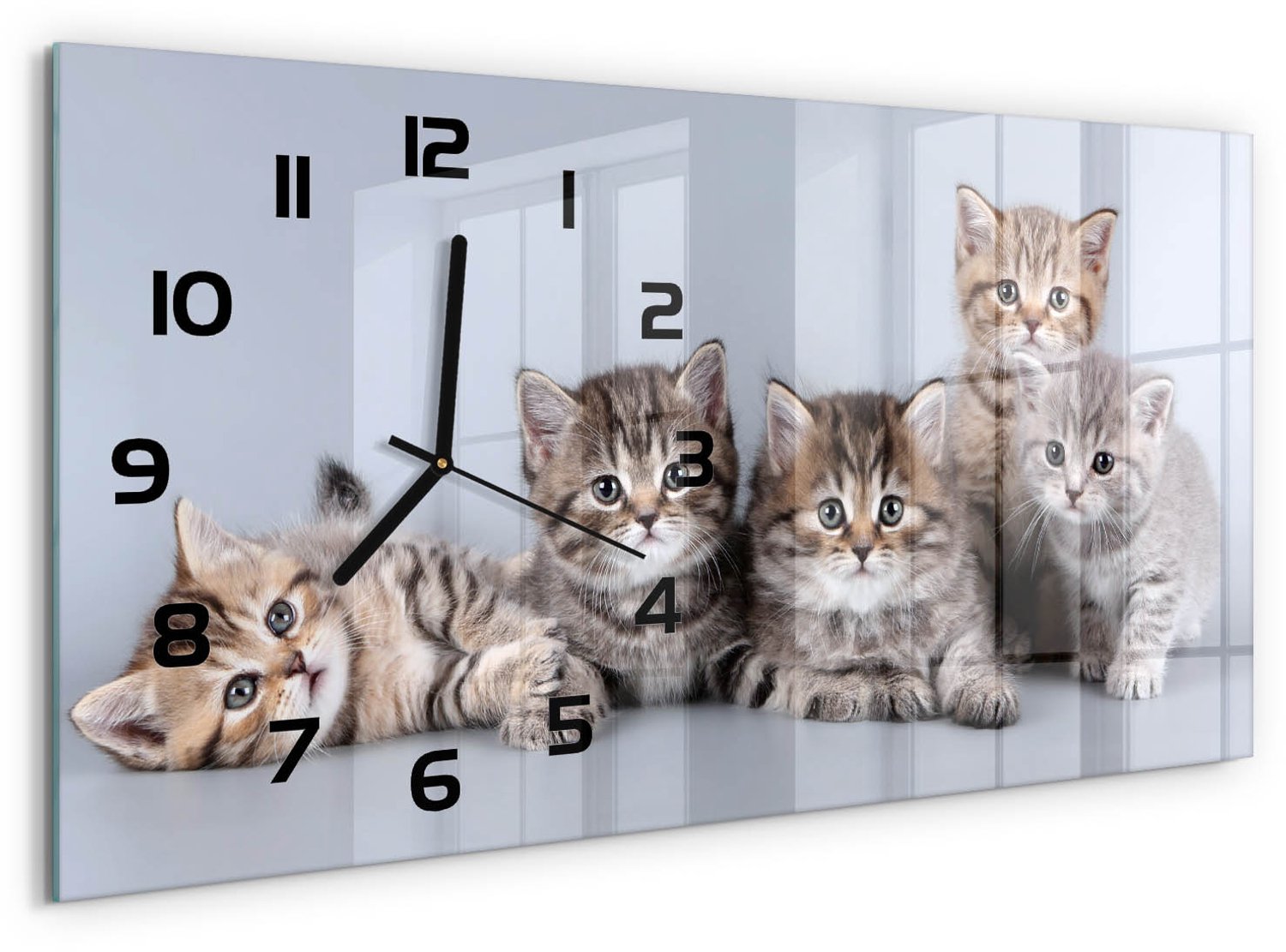 TULUP Wandklok - Vijf katten Gekleurde Glazen Klok - 60x30 cm - Bruin Glazen Klok Met Print - Zwarte handen - Rechthoekige Klok - Moderne Wandklok Glas - Wandklok Glas Decoratie